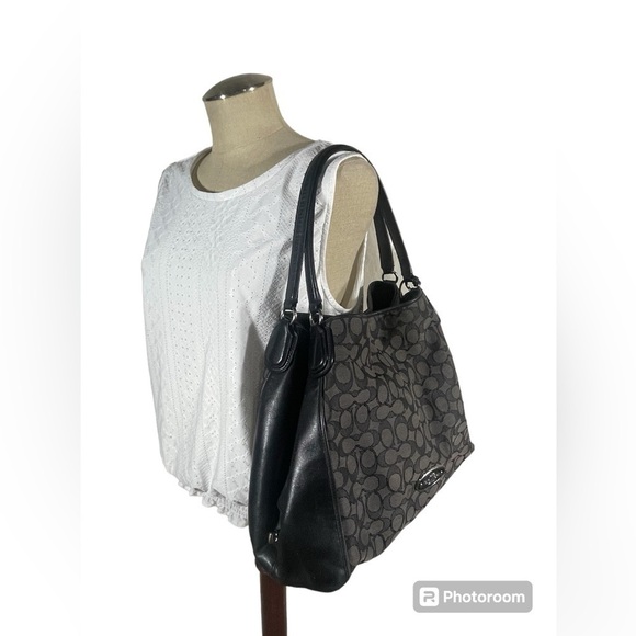 Coach Edie Shoulder Bag Signature Grey Black Current Leather - Picture 1 of 16